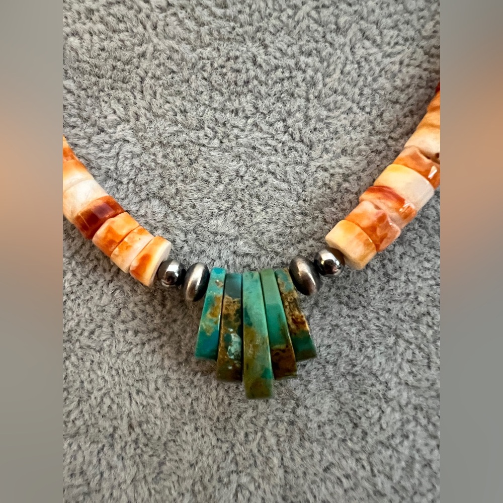 ❤️ Spiny Oyster Heishi Beads & 925 Desert Pearl Navajo Style Jacla Necklace 18” - Picture 4 of 14